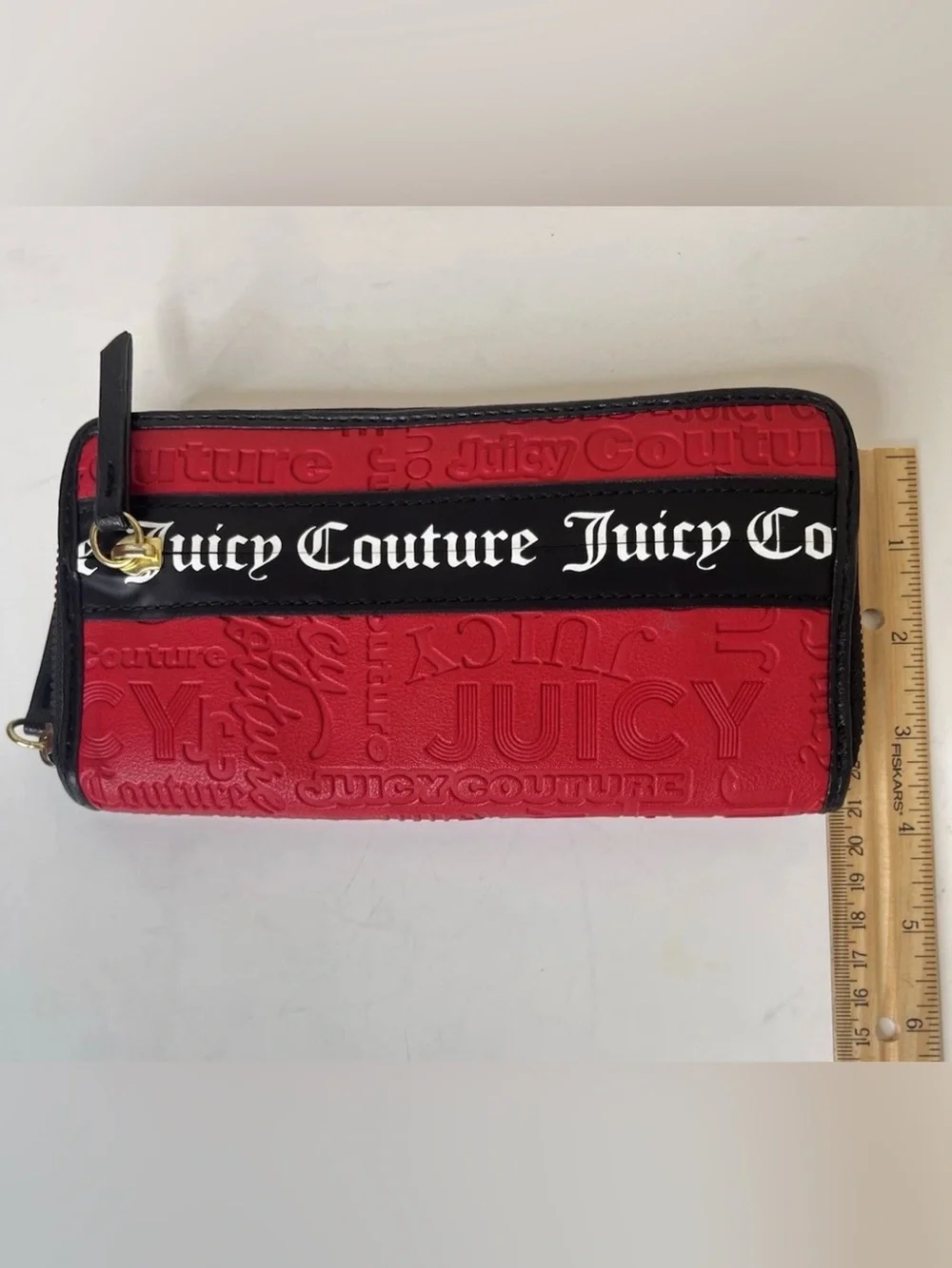 Juicy Couture Red Embossed Zip-Around Wallet with Black Logo Band NWOT